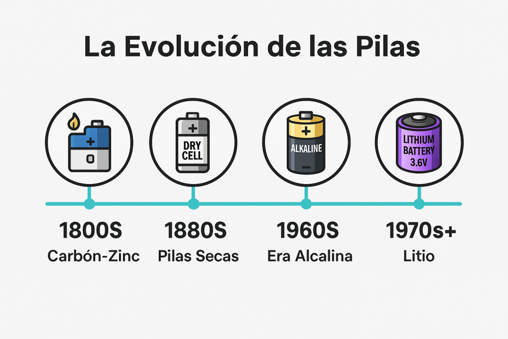 Línea del tiempo ilustrada sobre la evolución de las pilas desde 1800 hasta la actualidad