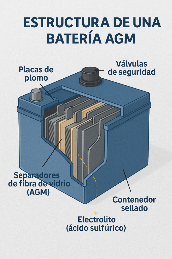 Ilustración en corte transversal de una batería AGM que muestra sus componentes internos: placas de plomo, separadores de fibra de vidrio, electrolito absorbido, válvulas de seguridad y contenedor sellado.