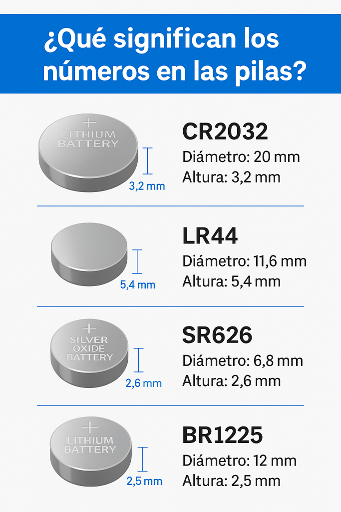 Infografía en español que explica cómo interpretar los números en pilas botón como CR2032, LR44, SR626 y BR1225, mostrando sus medidas de diámetro y altura en milímetros.