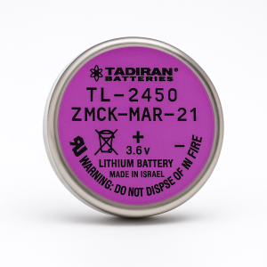 Pila Tadiran TL-2450 de 3.6V y 0.55Ah vista frontal con etiqueta morada