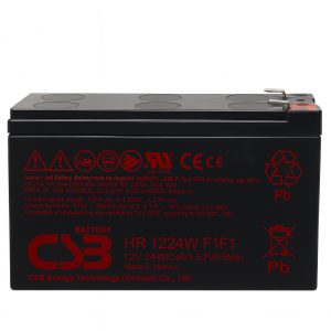 Batería sellada CSB HR1224W F1 de 12V y 24W/celda, vista lateral estilo catálogo sobre fondo blanco.