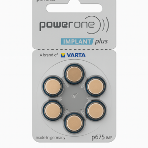 Blíster frontal Power One 675 Implant Plus con 6 pilas zinc-aire para implantes cocleares.