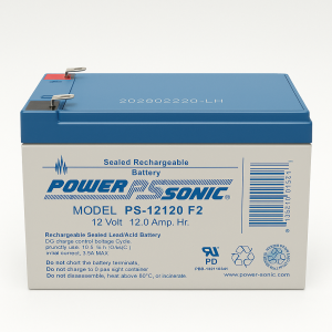Vista frontal de la batería Power Sonic PS-12120F2 de 12V 12Ah con terminales tipo F2, tecnología AGM y etiqueta técnica visible.