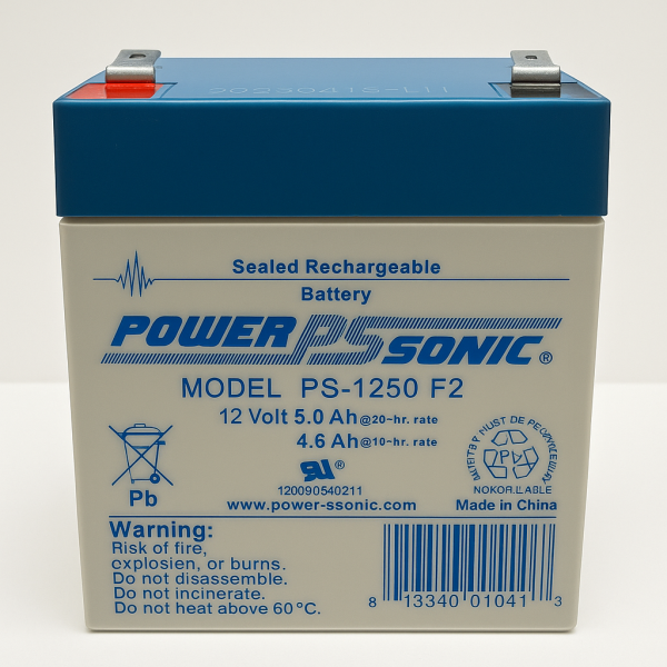Vista frontal de la batería sellada Power Sonic PS-1250F2 de 12V 5Ah con tecnología AGM, mostrando etiqueta completa del producto.