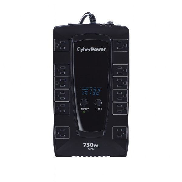 CyberPower AVRG750LCD con pantalla LCD y 12 salidas NEMA visibles