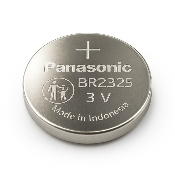 Vista inclinada de la batería Panasonic BR2325 de litio 3V – presentación sobre fondo blanco