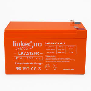 Batería LinkedPro LK7.512FR 12V 7.5Ah AGM VRLA retardante de fuego, vista frontal.
