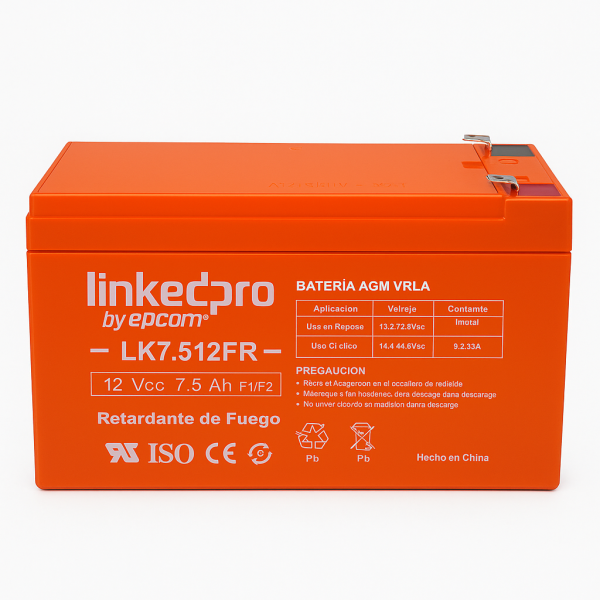 Batería LinkedPro LK7.512FR 12V 7.5Ah AGM VRLA retardante de fuego, vista frontal.