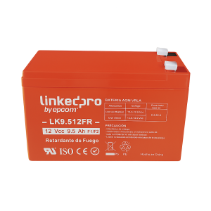 Batería sellada LinkedPro by Epcom LK9.512FR 12V 9.5Ah AGM VRLA retardante al fuego, vista frontal profesional sobre fondo blanco.