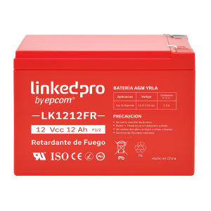 Batería AGM LinkedPro LK1212FR de 12V 12Ah retardante a la flama, vista frontal con terminales F1/F2, color rojo, tecnología VRLA libre de mantenimiento.