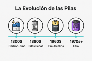 Línea del tiempo ilustrada sobre la evolución de las pilas desde 1800 hasta la actualidad