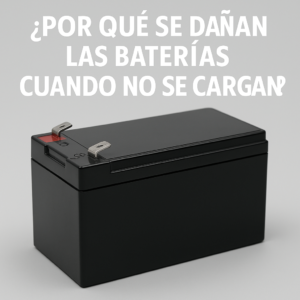 Batería AGM negra con texto sobre la importancia de la recarga para evitar daño por descarga profunda.