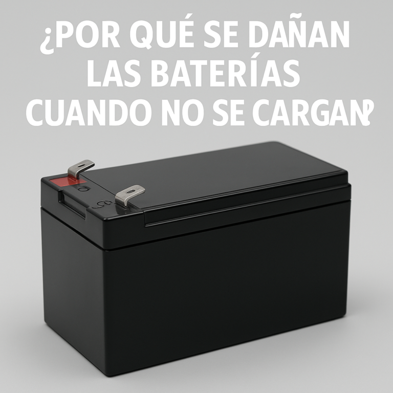 Batería AGM negra con texto sobre la importancia de la recarga para evitar daño por descarga profunda.