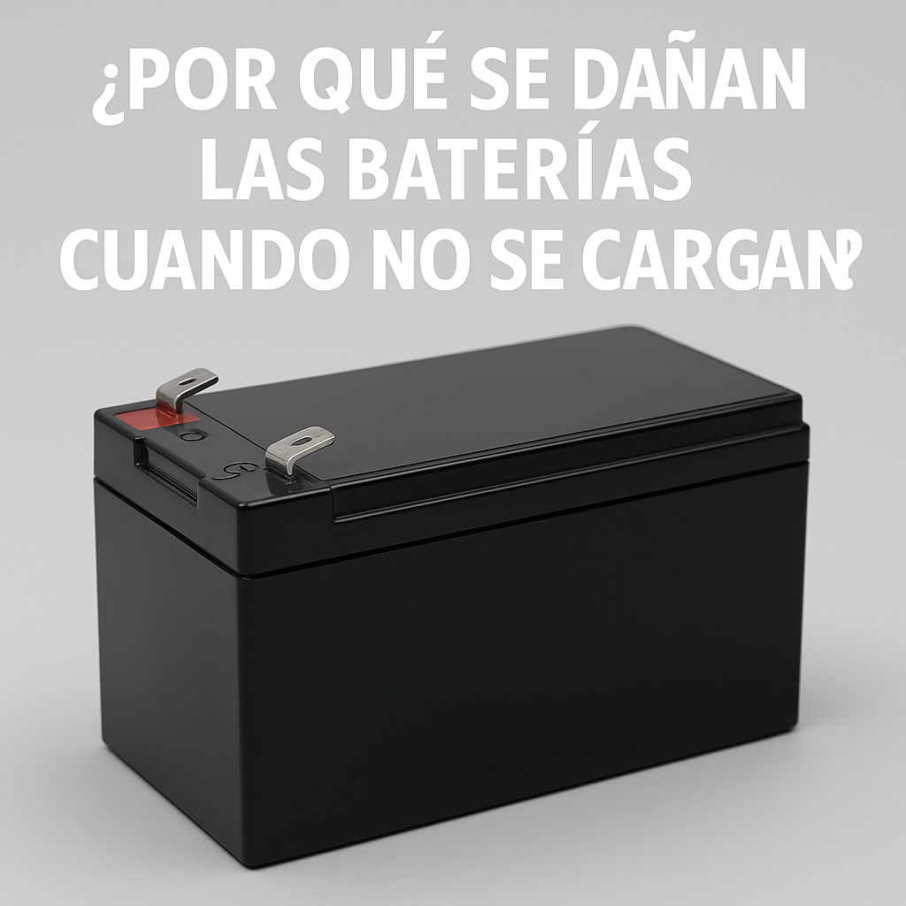 Batería AGM negra con texto sobre la importancia de la recarga para evitar daño por descarga profunda.