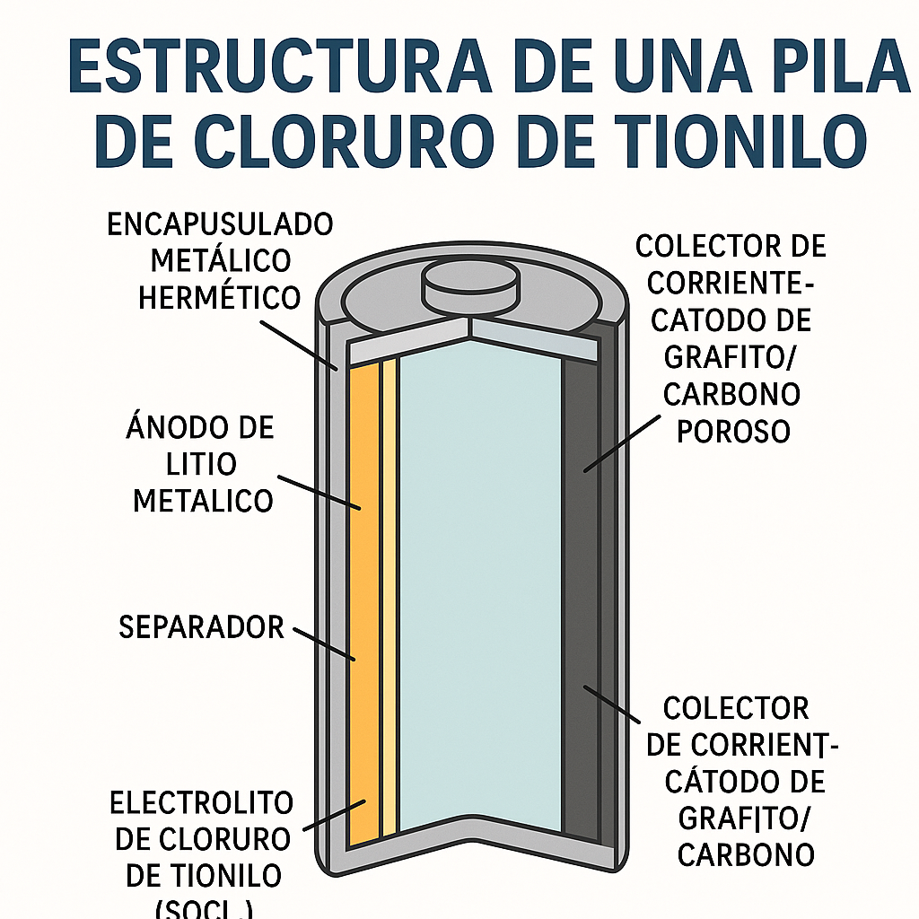 Infografía que muestra la estructura interna de una pila de litio con cloruro de tionilo (Li-SOCl₂), con etiquetas en español que identifican ánodo de litio, electrolito, separador, cátodo de carbono poroso y encapsulado metálico.