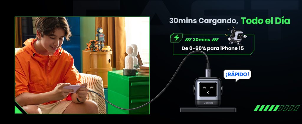 Cargador portátil UGREEN 15550B GaN 30W con USB-C rápido