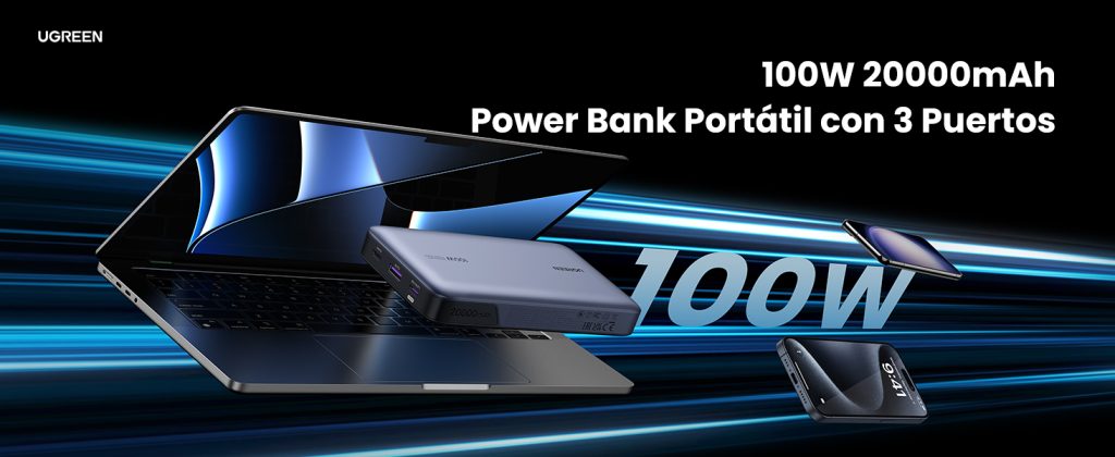 Power Bank de 20000mAh 3 Salidas 100W Max USB-A + 2 USB-C