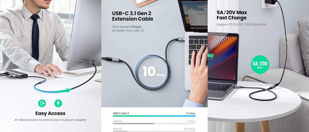 Cable USB-C Macho a USB-C Hembra | 1metro | USB-C 3.1 Gen 2 | Compatible con Thunderbolt 3 | Carcasa de Aluminio | Nylon Trenzado |  Transferencia de Datos 10 Gbps | Soporta hasta 100W para Carga Rápida.