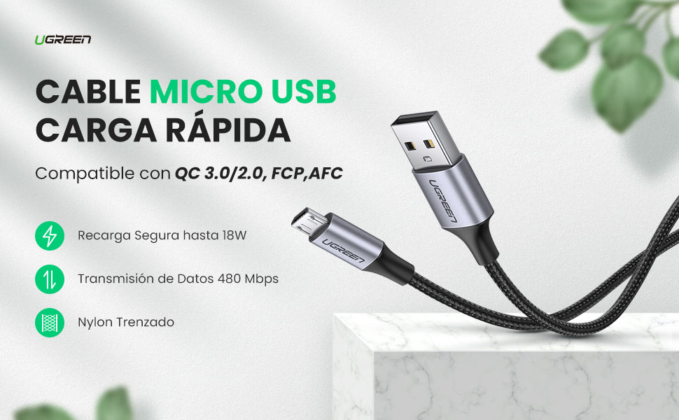Cable USB-A a Micro USB 60146 UGREEN con carga rápida 18W y nylon trenzado