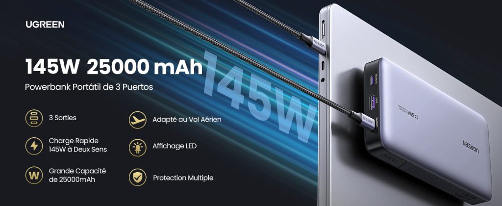 Power Bank de 25000mAh 145W Max 3 Salidas USB-A y USB-C Gris