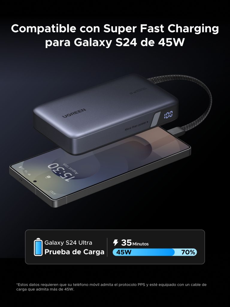 Power Bank 20000mAh con Cable Integrado Carga Rápida 100W USB-C PD