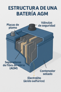 Ilustración en corte transversal de una batería AGM que muestra sus componentes internos: placas de plomo, separadores de fibra de vidrio, electrolito absorbido, válvulas de seguridad y contenedor sellado.