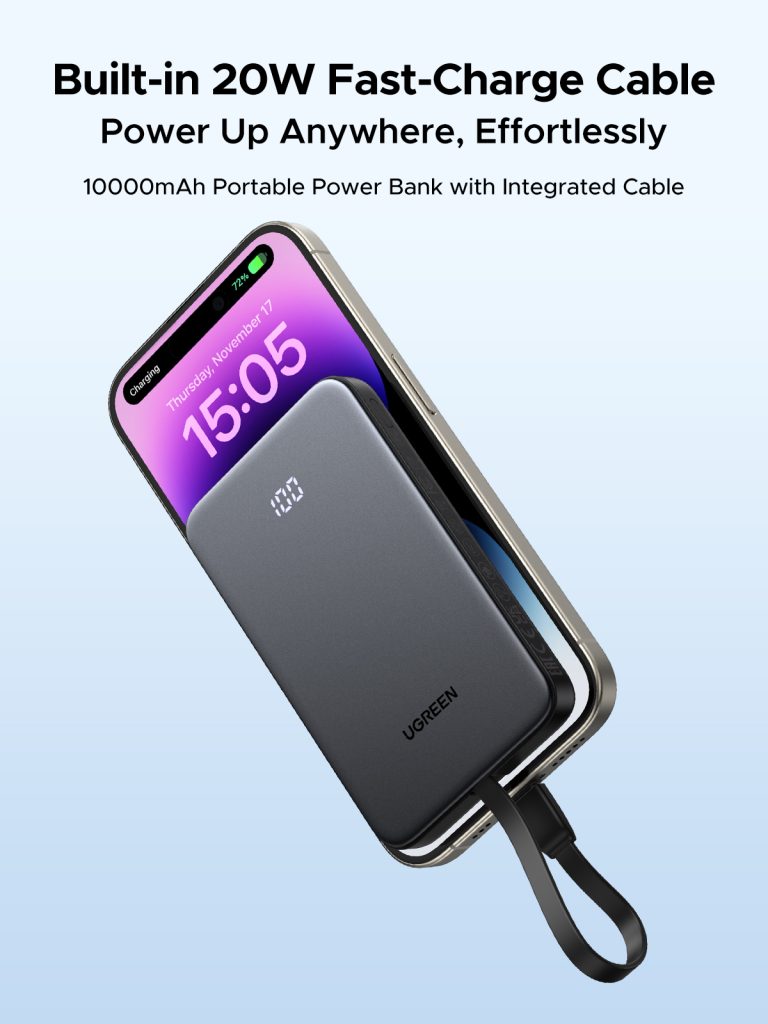 Power Bank 10000mAh con Cable Integrado 20W USB-C PD3.0 PPS