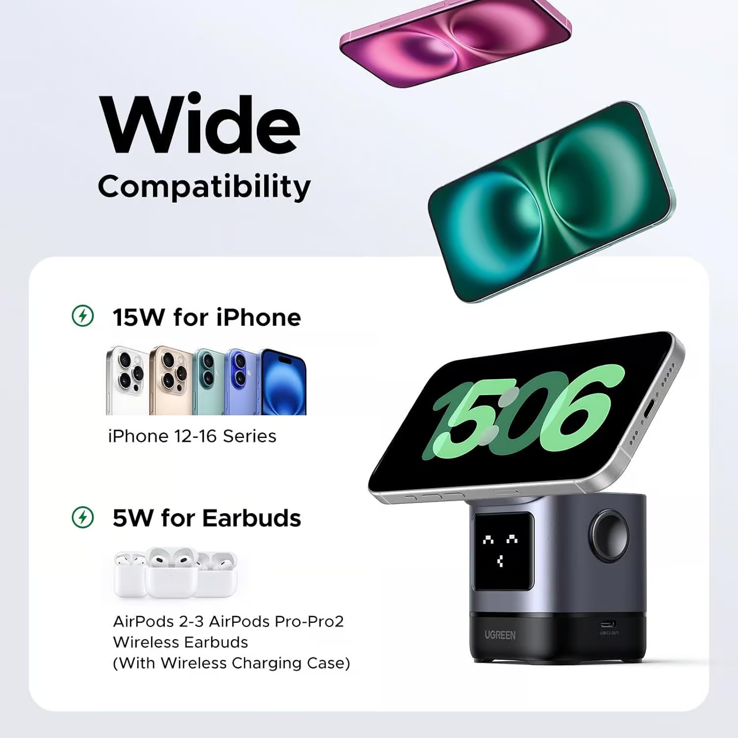 Cargador inalámbrico 2 en 1 UGREEN Qi2 15W para iPhone y AirPods - Image 3