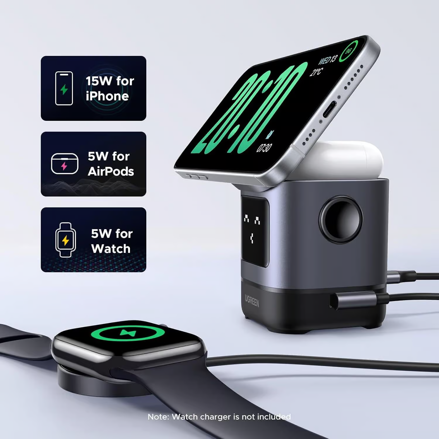 Cargador inalámbrico 2 en 1 UGREEN Qi2 15W para iPhone y AirPods - Image 5