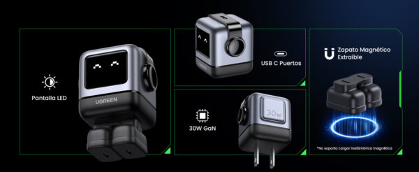 Cargador Mini GaNRobot 30W UGREEN 15550B GaN 30W con USB-C rápido