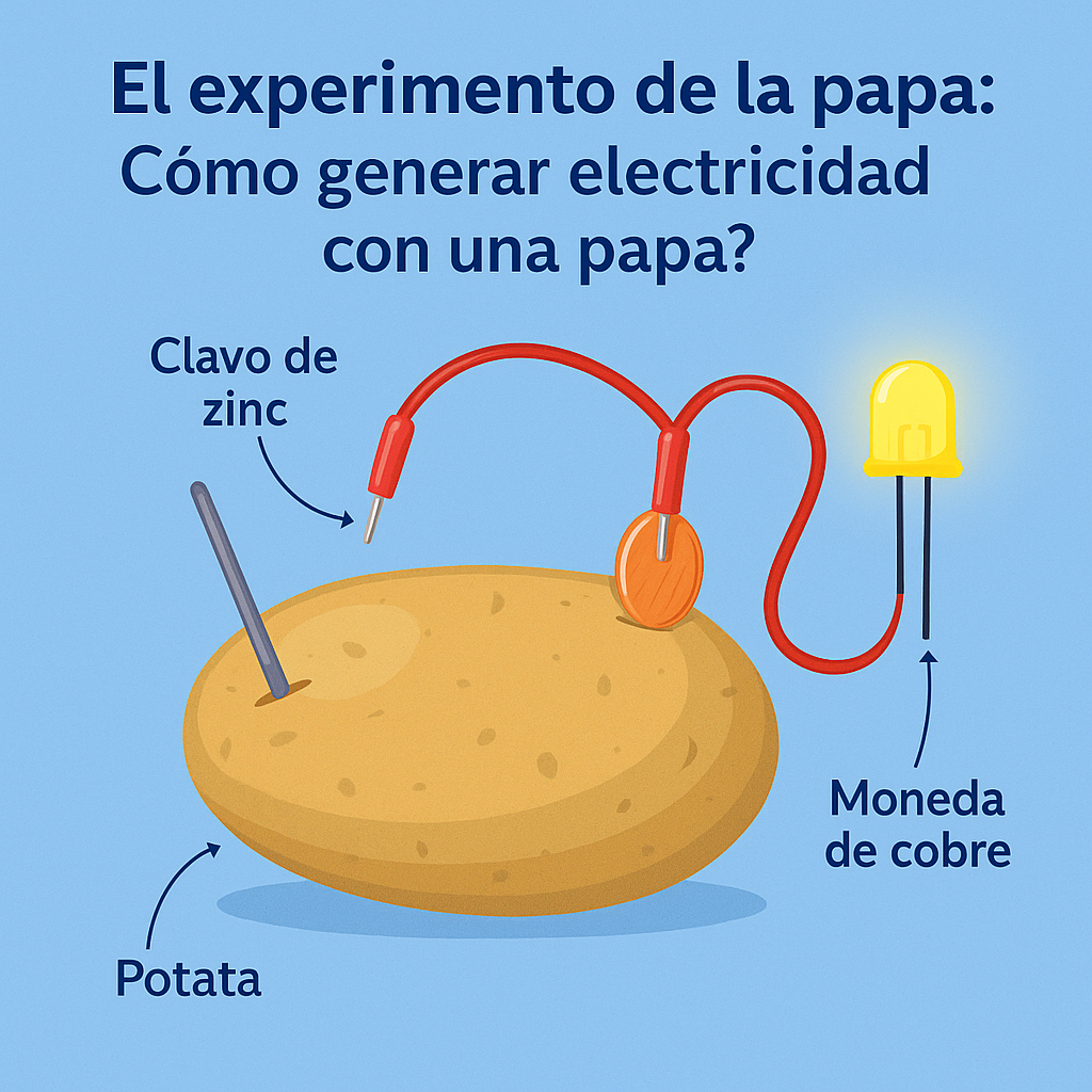 Ilustración educativa en español que muestra cómo generar electricidad con una papa usando un clavo de zinc, una moneda de cobre y un LED conectado por cables.